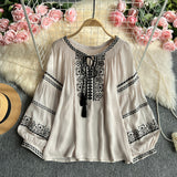 Ocean Gas Age-Reduced Retro Heavy Industry Embroidered Round Tie With Lantern Sleeve Shirt Women Loose Leisure Holiday Top