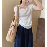 Simple Style Collar On Both Sides Of The Drawstring Short Sleeve 2025 Summer New Korean Version Of The Casual Temperament Pure Color T-Shirt Top