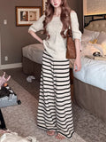 New Revision Navy & Girls Color Three-Dimensional Striped Broad-Legged Knitting Trousers Small Trousers Pink