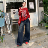 25Th Ootd!| Vintage Blue Jeans Autumn And Winter New High-Waisted Straight Loose Water Wash Broad Leg Pants