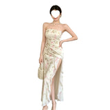 Gentle Wind Small Broken Lotus Lace Lace Lateral Boobed Bra Dress French Temperament Open Fork Thin Dress Woman