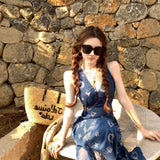 Holiday Style V-Neck Print Sling Dress Femininity Femininity With Thin Waist A Word Retro Dress New Summer