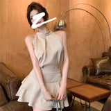 Summer Gold Sense Court Style High-End Pure Desire Blouse Leaf Half Dress Two-Piece Dress Dress Woman