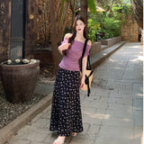 Purple One-Word Shoulder Short-Sleeved T-Shirt Temperamental Blouse Female Summer Sweet Broken Flower Dress Gentle Fashion Suit Woman