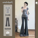 Summer New Hanging Micro-Slave Women Slim Slim Thin Waist Broad Leg Trousers Blouse Casual Two-Piece