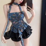 Summer 2025 Retro Temperament Oil Butterfly Prints Thin Lotus Leaf Side Three-Dimensional Flower Neck Tops Women