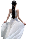 French White Hollow Slanted Shoulder Sleeveless Dress Women Summer High Sense Seaside Holiday Temperament Lanky Dress