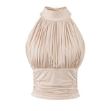 Korean Version Of Sexy Hottie Folded Short Folded Folded Body Shoulder Hanging Neck Vest Thin Solid Color Wearing T-Shirt New