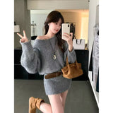 French Style Temperament Word Shoulder Long Sleeve Knitted Dress Waist Thin Ass Skirt Design Elegant And Catchy