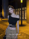 Hot Black Open Shoulder Irregular Short-Sleeved T-Shirt Design Summer Design Repair Height Waist Babes Short Top