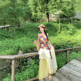 Xinjiang Sichuan West Travel Wearing Dopamine Yellow Lattice Folded Lace Yellow Skirt Three-Piece Set Of Women's Summer