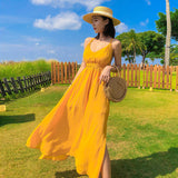 2025 New Hainan Sanya Yellow Beach Dress Women's Summer Sexy Seaside Vacation Slings Bare Back Dress