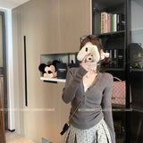V-Neck Long-Sleeved Knitted Shirt Autumn And Winter Sweet And Spicy In The Early Winter White Bottom Repair Body Women's Gray Thin