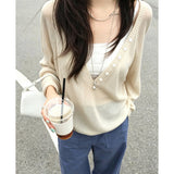 Design Sense Big V Collar Button Loose Feeling Long-Sleeved Knitted Shirt Women Early Autumn New Loose Folding On The Head