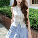 White Pear Water Hand-Scuttered Sky Silk Wisting Sky Sweet Top Blue Striped Wood Ear Half Skirt Set