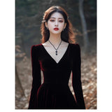 Famous Temperament Velvet Dress Women Autumn And Winter New Feeling Slim Back Slim V Collar Bottom Fishtail Skirt