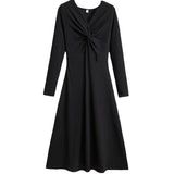 Large-Size French Knitted Dress Women Autumn Slim V Collar Bottom Small Black Dress Hepburne Fat Mm Hanging Skirt