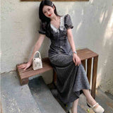 Large-Size French Wave Dot Lace V-Neck Dress Women Summer Fat Mm Salt Girl To Show Thin Gray Dress