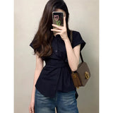 French Temperament Black Polo Collar Short-Sleeved Shirt Women's Summer Thin Shirt Unique Beautiful Big Look Top