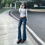 YC&Retro Low-Rise Elastic Repair Slim Thin With Micro-Horn Jeans Women & Trousers Lengthened Low-Waisted Rich Span