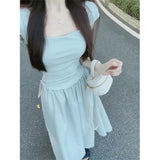 Blue Square Tie Dress Women's Summer 2025 New Splicing Skirt High-End Waist Display Thin Dress