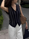 Blue Striped Knitted Horse Jacket Vest Women's Summer Wear 2025 New Temperament V Collar Old Money Blouse