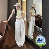 YC& Vintage Loose Broad Leg Trousers Twitching Cotton Hemp Thin Breathable Linen Straight Slacks Women