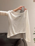 Fake Two Embroidered Oblique Shoulder-To-Shoulder Women's Autumn New Small Sweet Little Through The Long Sleeves Bottom Shirt Top