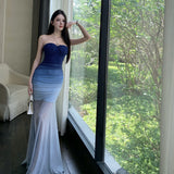 Gradient Blue Pure Holiday Style Niche High-End Sense Of The Ass Tail Tective Net Yarn Dress