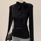 French Temperament Sense Bow Strap Design Long-Sleeved T-Shirt Women Winter Wind Chic Repair Bottom Top