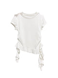 Korean Irregular Lotus Leaf Side Design Sense Short-Sleeved T-Shirt Girls Summer New Slimmed-In Beautiful Tibetan Blouse