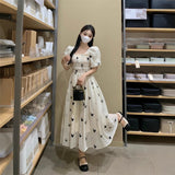 [There Is Inside] Square Collar Bubble Sleeves Shredded Flower Dress Women Summer Pear Shape Body Slightly Fat Wearing French Long
