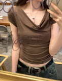 0829# Folded Design Sense Chestless Cushion Integrated Short-Sleeved T-Shirt Repair Pure Color Carefully Hottie Top