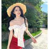 Vacation Red Dress Heat Neon Bow Small Broken Flower Age Reduction Set A Word Shoulder Girl Summer Short Skirt Two Sets