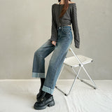 Autumn High-Waisted Ripping Elastic Straight Jeans Women's Large-Size Slim Slim-Skin-Nine Trousers Small