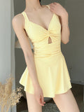 Milk Yellow Kinky Dress-Style Swimsuit Women V Collar Hollow Meat Cover Thin Hot Springs Swimsuit