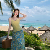 2025 French Atmosphere Print Sling Suit Dress Women's Summer Vintage Flowers Ribbon Holiday Long Skirt