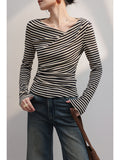 Design-Sense Striped Long-Sleeved Sleeve-Shouldered T-Shirt For Women's New Irregular Blouse In Early Fall 2025