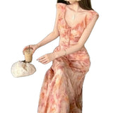 2026 New High-Waisted Small Skirt Tea Break French Pink Lotus Flakes V-Neck Sleeveless Dress Woman