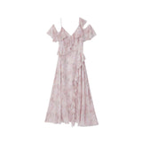 Pink Floral Dress Summer Girl 2026 New Tea Break French High-Grade Feeling Irregular Lotus Leaf Side Chiffon Long Dress