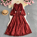 French High-End Lace Splicing Strap To The Waist Lantern Sleeve Dress Female Thin Temperament Over The Knee Dress