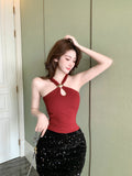 2902 # Summer New Pure Desire Wind Hollow Hanging Neck Vest Slimming Female Fixed With Chest Mat