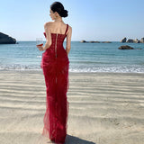 Red Engagement Dress High-End Light Luxury Niche Heavy Industry Lace Sexy Fish Bone Corset Corset Corset Corset Wedding Dress