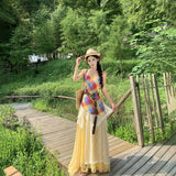 Xinjiang Sichuan West Travel Wearing Dopamine Yellow Lattice Folded Lace Yellow Skirt Three-Piece Set Of Women's Summer