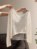 Fake Two Embroidered Oblique Shoulder-To-Shoulder Women's Autumn New Small Sweet Little Through The Long Sleeves Bottom Shirt Top