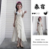 New Super Fairy Gentle Wind V-Neck Dress Holiday Wind Woman Waist Irregular Lotus Leaf Side First Love A Word Long Dress