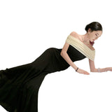 2025 New French High-End Birthday Party Dress Black And White Collage Splicing Word Shoulder Pure Lust Dress