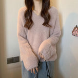 Winter New Women's Gentle Wind Temperament Knitted Sweater Soft Glutinous Wind V Collar Lazy Top Loose Water Marinade