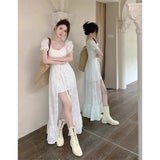 Ballet Style Tie With White Dress Woman 2026 Summer Bubble Sleeve Lotus Leaves Side Thin Dress Fairy Dress