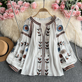 National Wind Heavy Industry Embroidery Round Tie With Lantern Sleeve Top Woman Autumn New Loose Thin Shirt Woman